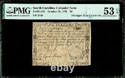 10/19/1776 South Carolina Colonial Note $6 Fr#132 PMG AU53 EPQ Midnight Ride
