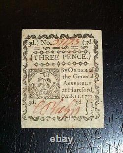 CONTINENTAL CURRENCY Revolutionary War Era 1777 Hartford CT Three Pence Note