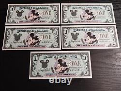 Disney Dollars $1 Lot of 5 Discontinued 1991 Uncirculateded Currency