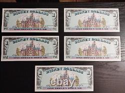 Disney Dollars $1 Lot of 5 Discontinued 1991 Uncirculateded Currency