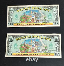 Lot of 2 1990 AA Sequential $10 MINNIE MOUSE DISNEY DOLLARS CURRENCY With envelope